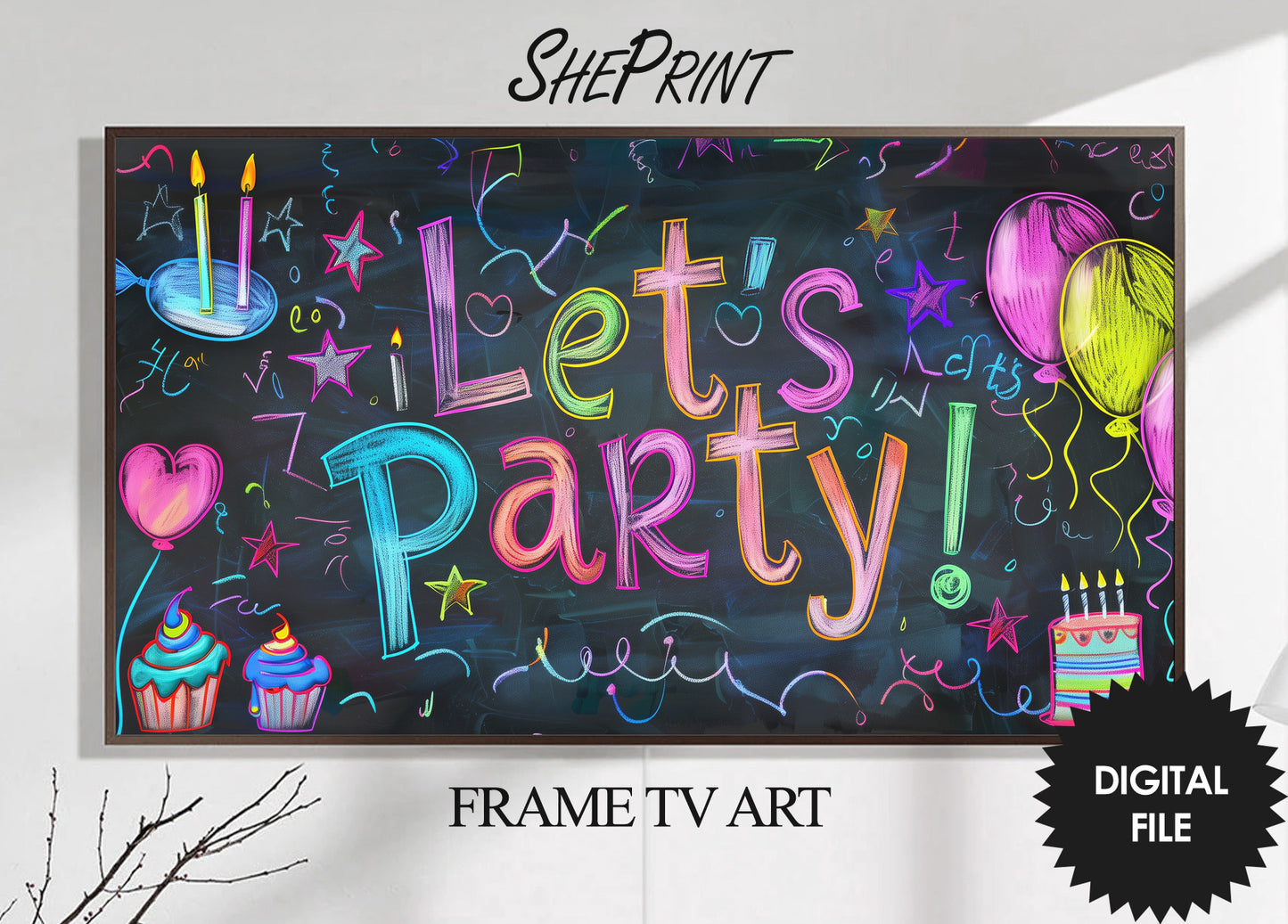 Samsung Frame TV Art For Kids | Let's Party Written on School Board | Any Occasion Party TV Banner preview