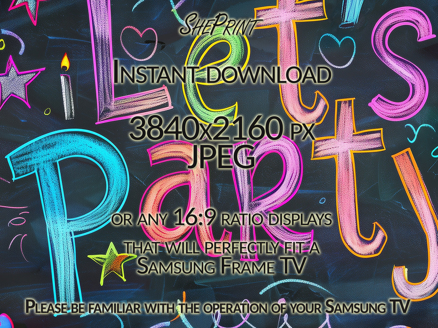 Samsung Frame TV Art For Kids | Let's Party Written on School Board | Any Occasion Party TV Banner close up view