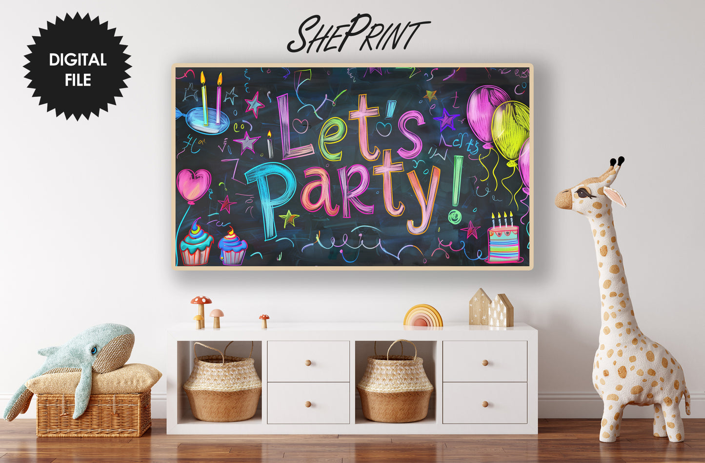 Samsung Frame TV Art For Kids | Let's Party Written on School Board | Any Occasion Party TV Banner preview in kids room