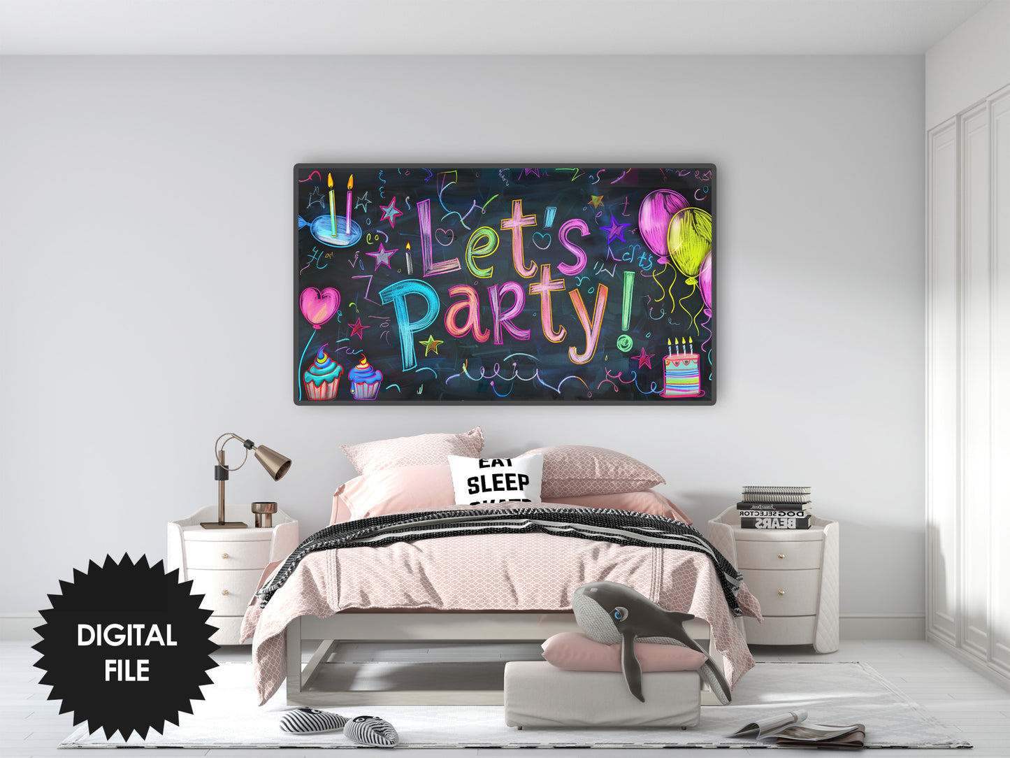 Samsung Frame TV Art For Kids | Let's Party Written on School Board | Any Occasion Party TV Banner preview in teen bedroom