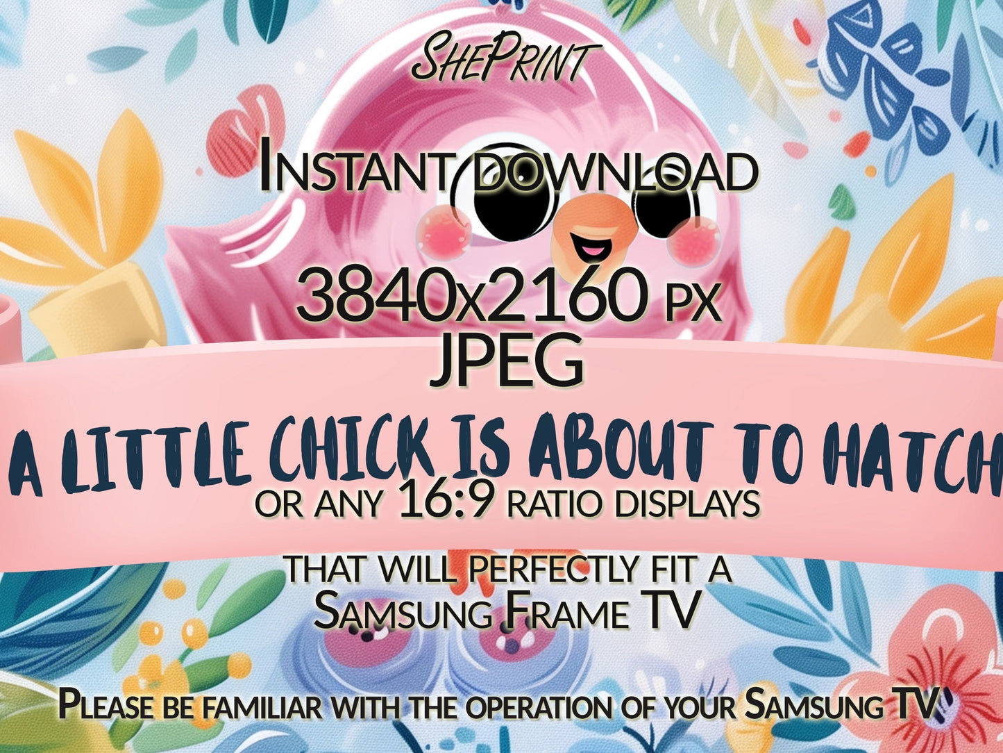Baby Shower Frame TV Art | A Little Chick Is About To Hatch Banner close up view