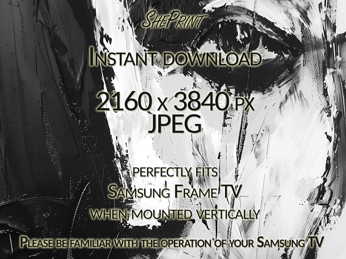 Vertical Frame TV Art, Man Face Black and White Abstract Art close up view