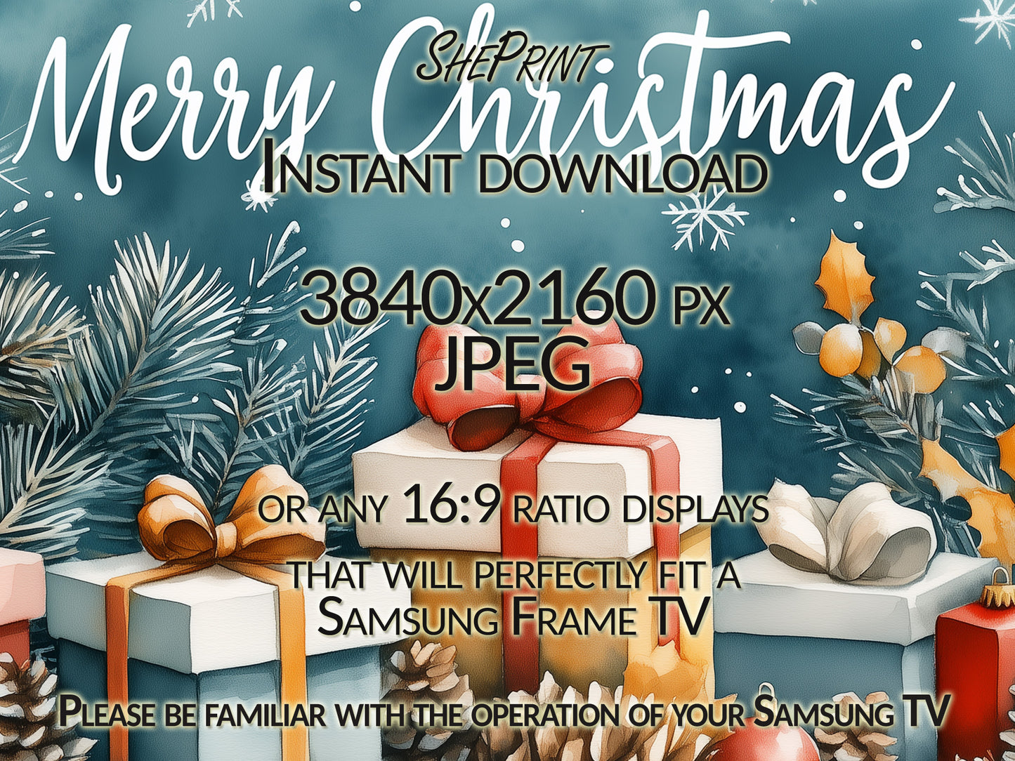 Merry Christmas Frame TV Art | Watercolor Christmas Presents Art close up look