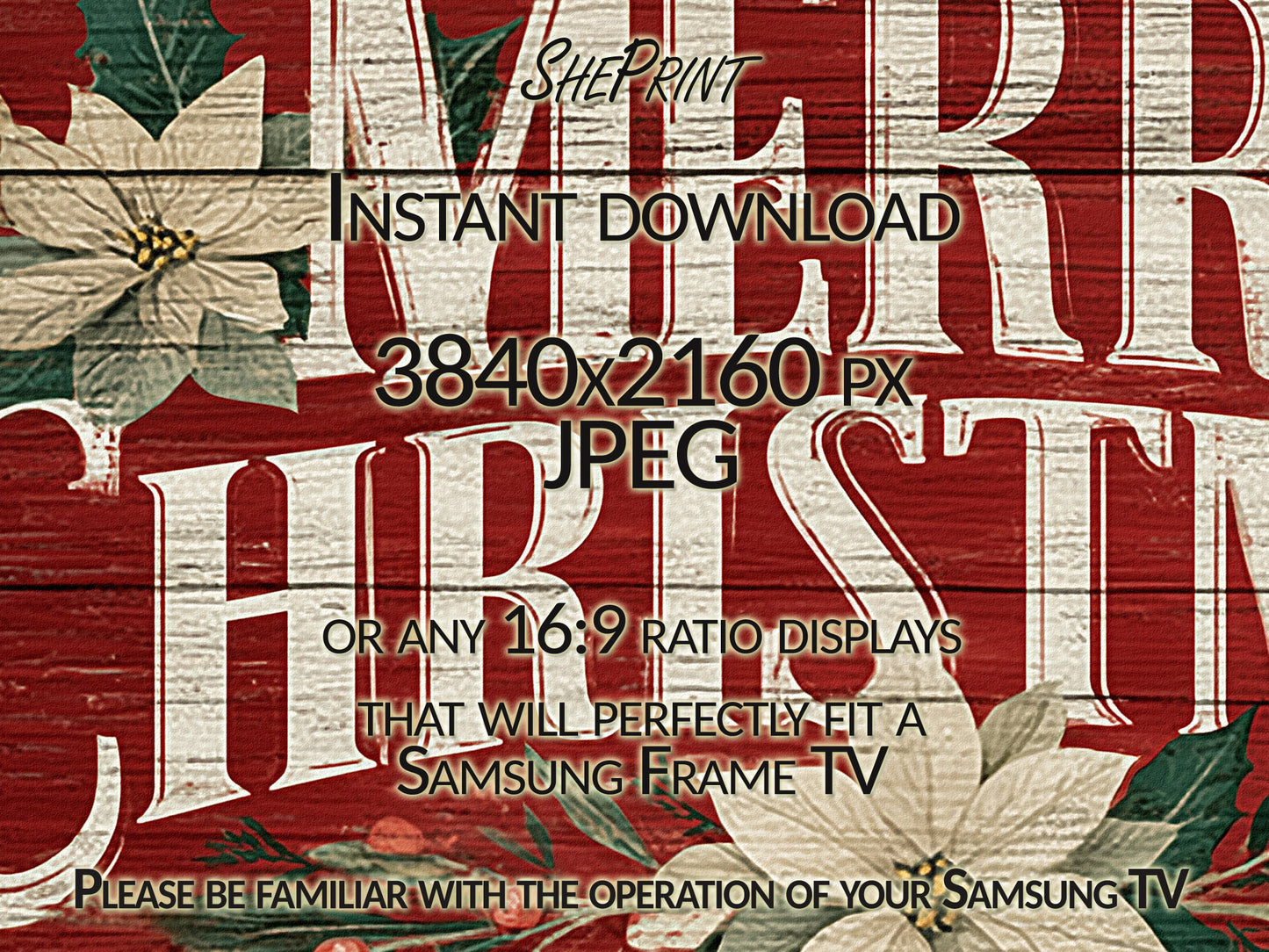 Samsung Frame TV Art Vintage Merry Christmas Red Rustic Wood Sign close up view