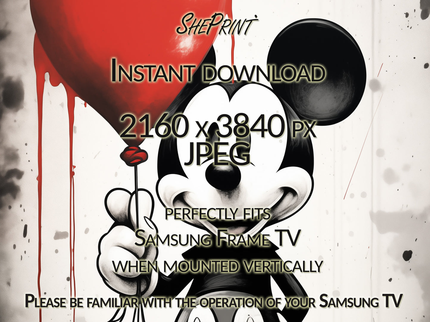 Vertical Frame TV Art, Happy Valentines Day, First Version Of Mickey Holding Red Heart Balloon close up view