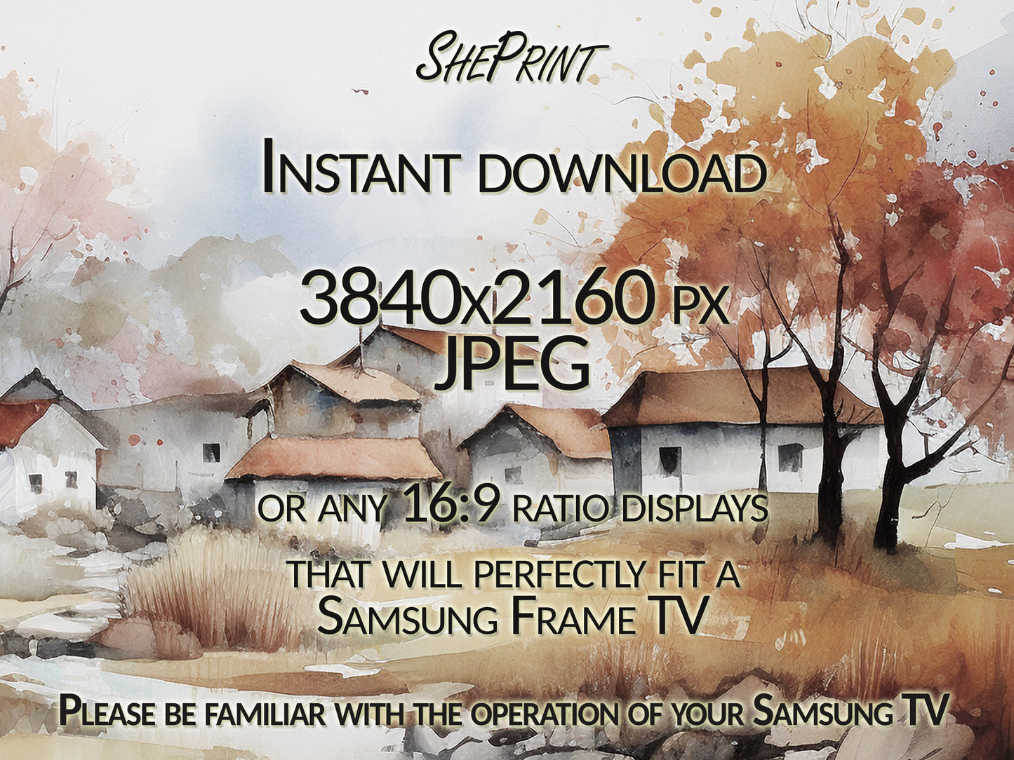 Fall Village Watercolor | Fall Samsung Frame TV Art | Digital TV Art | Instant Download