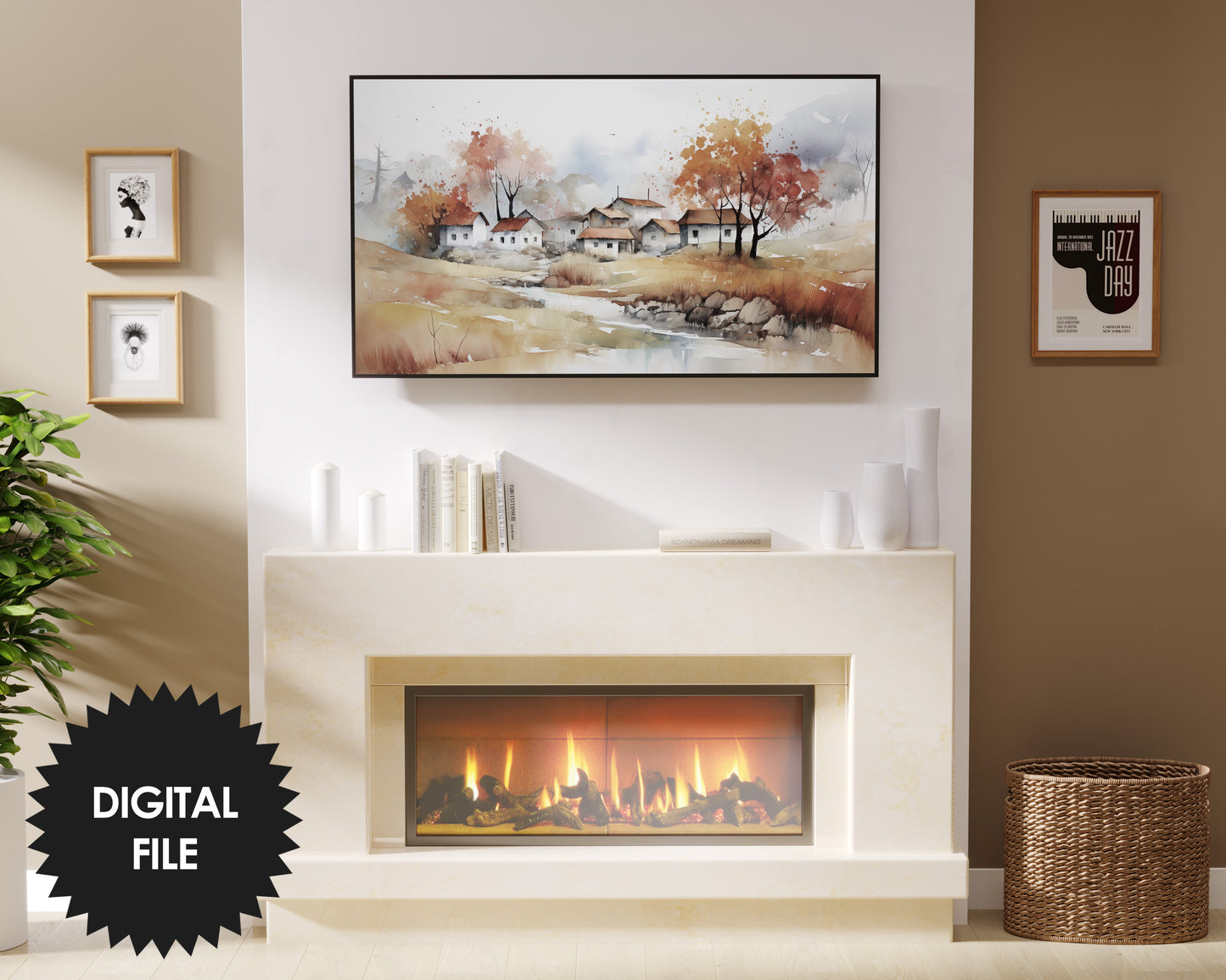 Fall Village Watercolor | Fall Samsung Frame TV Art | Digital TV Art | Instant Download