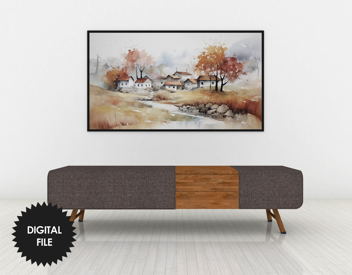 Fall Village Watercolor | Fall Samsung Frame TV Art | Digital TV Art | Instant Download