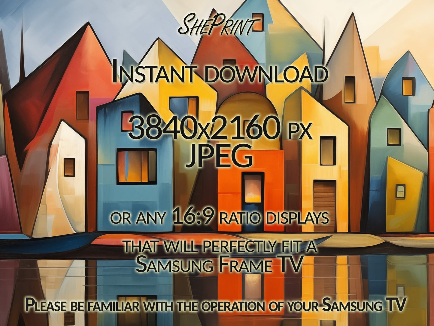 Samsung Frame TV Art Modern Town Abstract Art | Cubism close up view