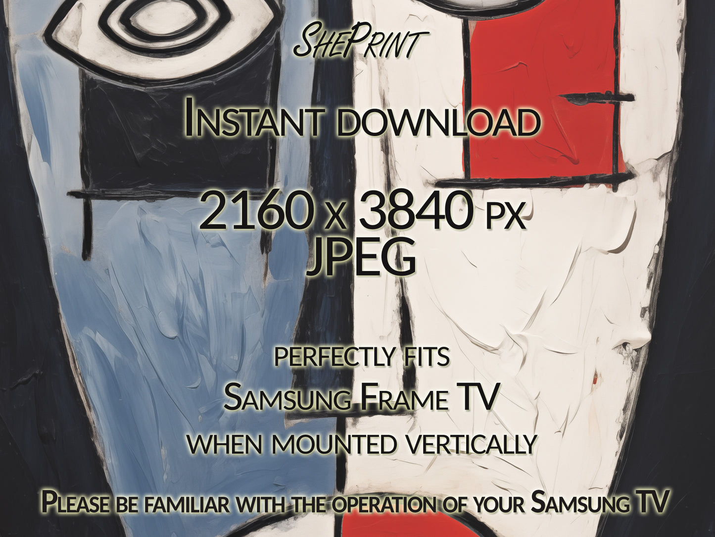Vertical Frame TV Art, Navy Red Abstract Face, Digital TV Art close up view