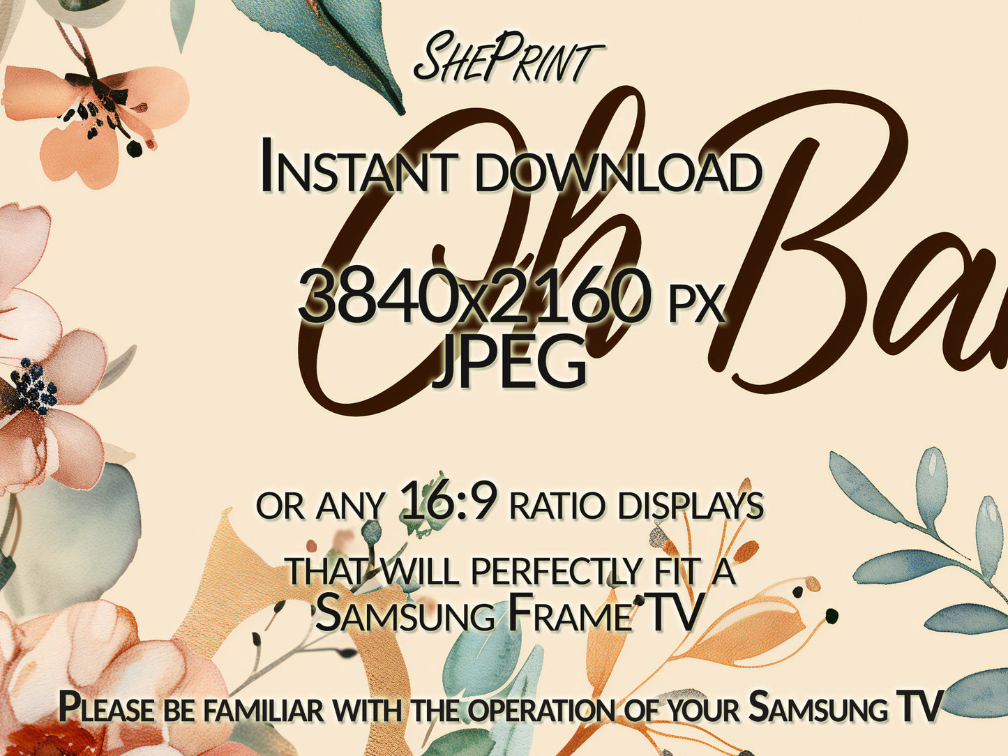 Baby Shower Vintage Frame TV Art | Oh Baby Floral TV Display close up look