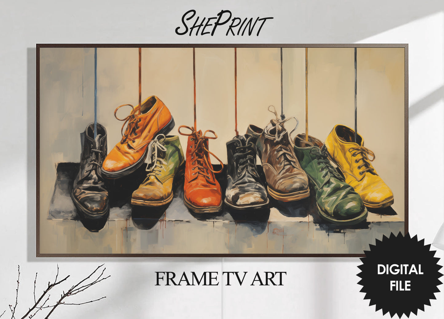 Samsung Frame TV Art, Old Shoes Painting, Industrial Design Room Wall Decor
