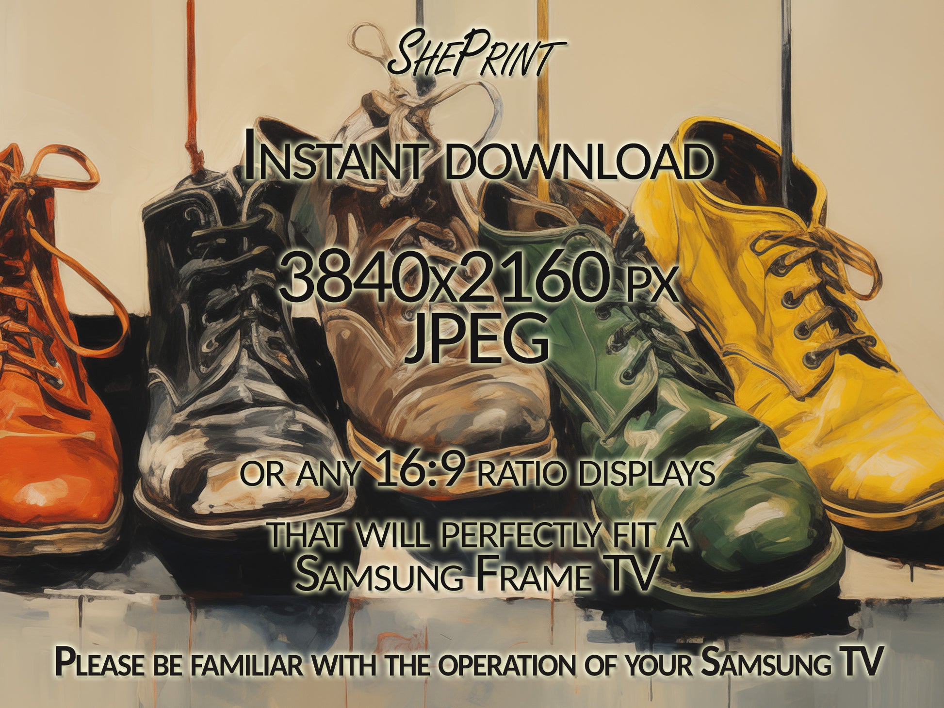 Samsung Frame TV Art, Old Shoes Painting, Industrial Design Room Wall Decor close up look