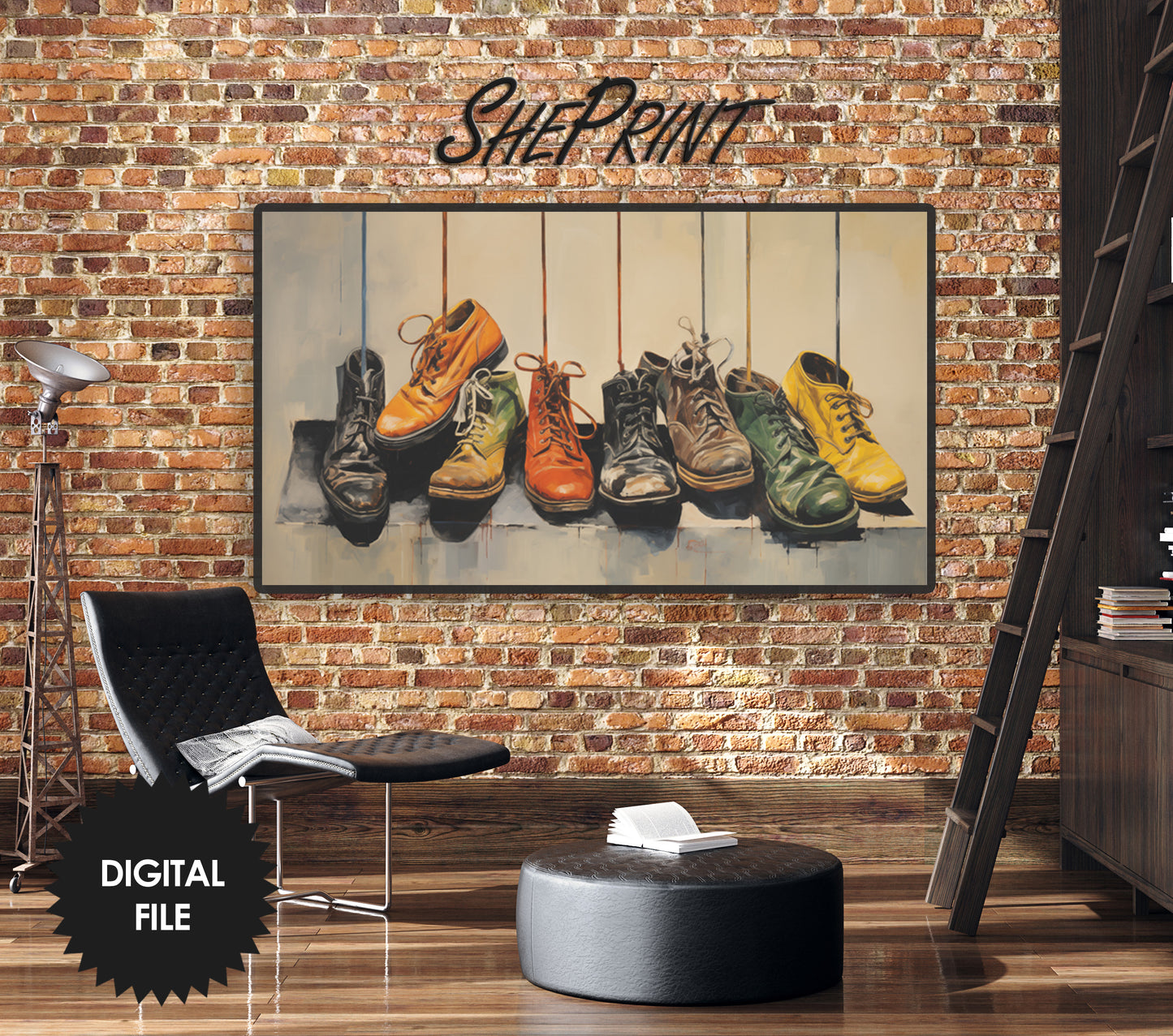 Samsung Frame TV Art, Old Shoes Painting, Industrial Design Room Wall Decor