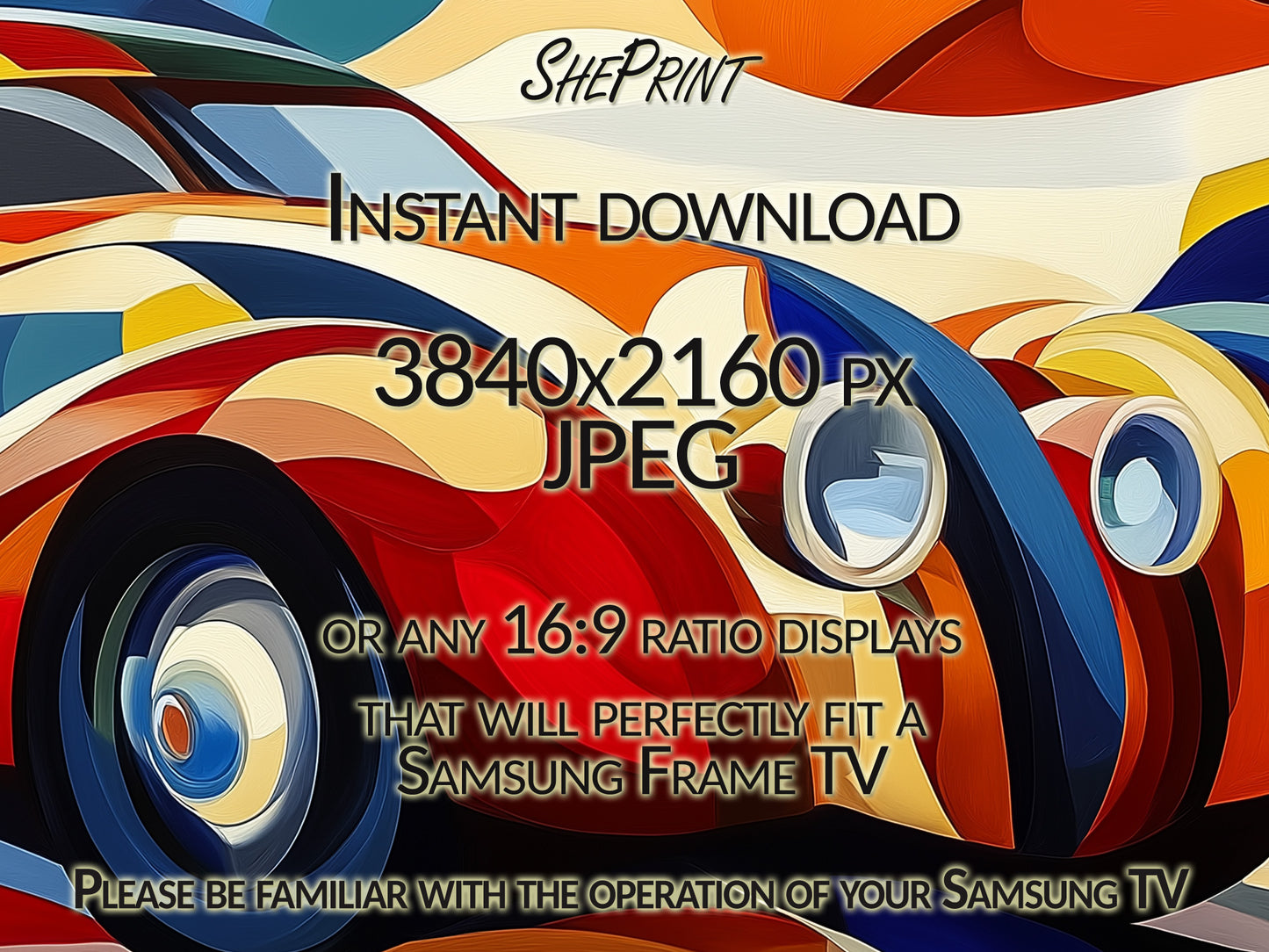 Frame TV Art | Colorful Old-timer Car Cubism Abstract Art close up view