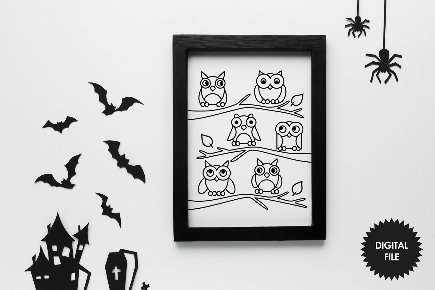 Coloring Poster For Kids Cute Owls, Kids Room Wall Print, Black & White, 17x22Inch, Instant Download PNG, Kids Activities Printable Poster