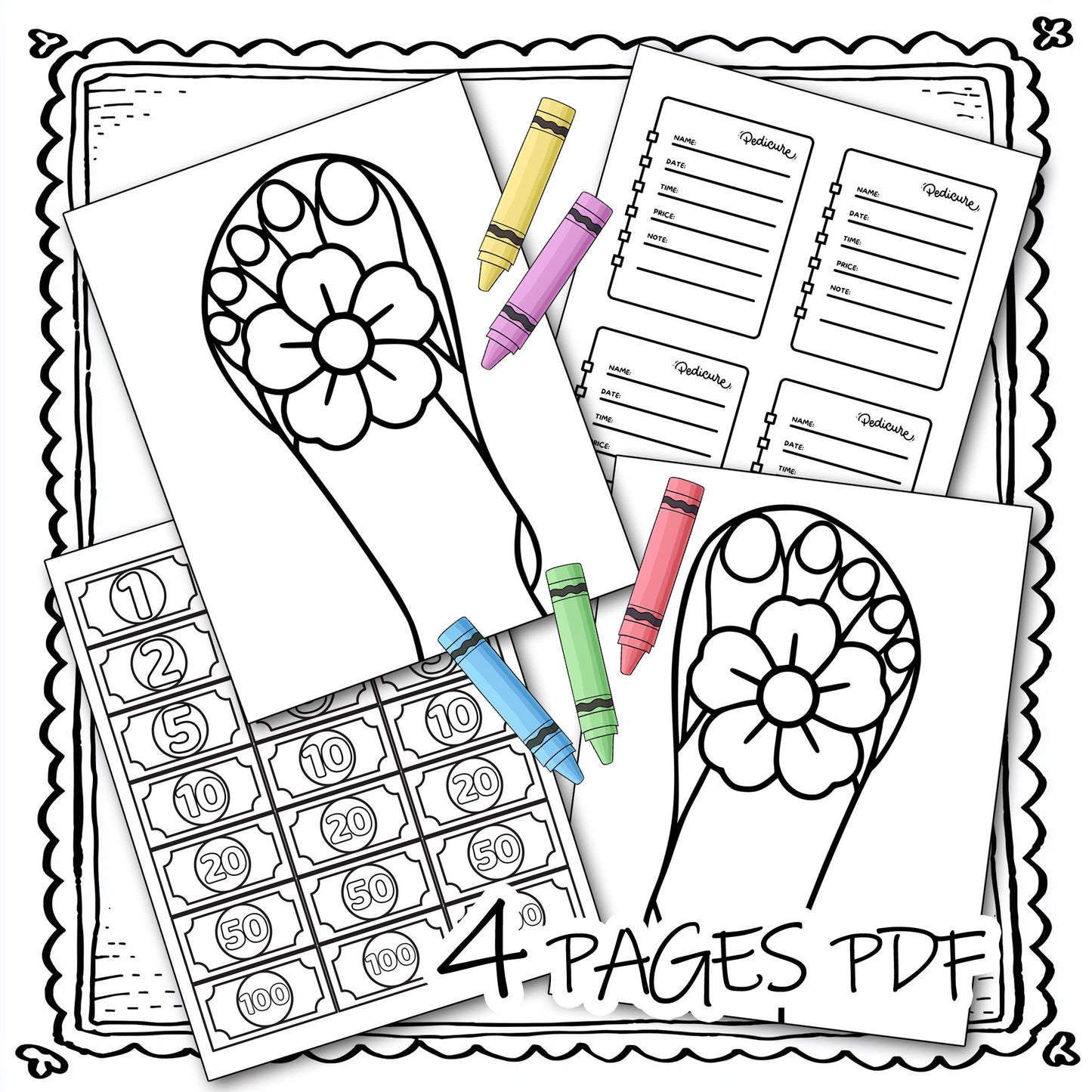 Pedicure Fun Template For Girls, Nail Coloring Pages, Left & Right Foot, Appointment Book and Money Bills, 4 Pages PDF Instant Download