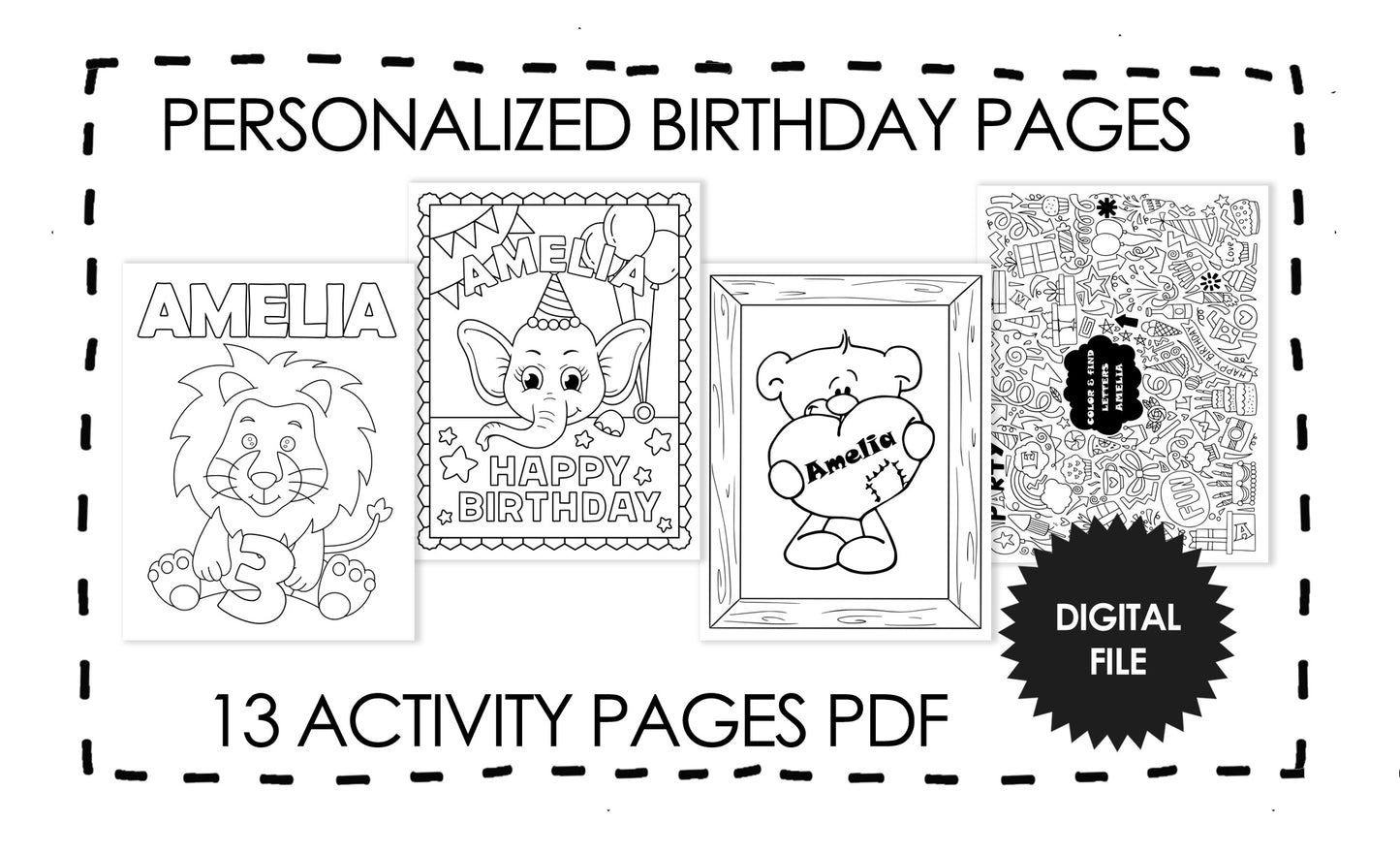 Personalized Birthday Coloring Pages For Kids,Custom Name & Age Birthday Party Activity Sheets, Kids Printables, 13Pages PDF Download 8.5x11in
