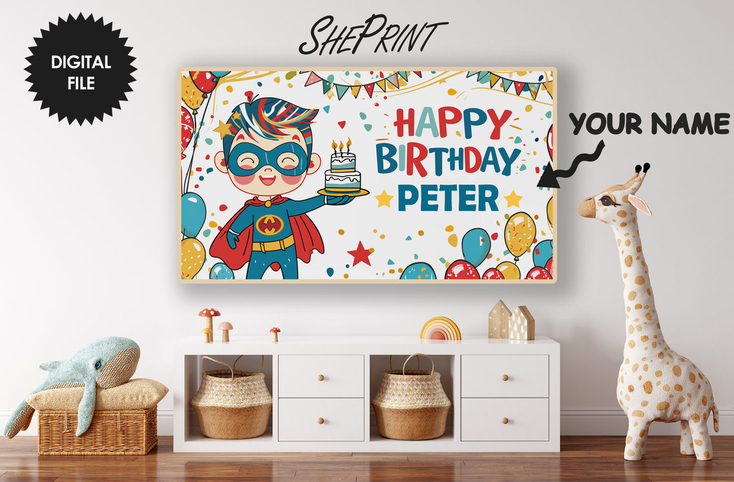 Personalized Birthday Frame TV Art For Boys | Happy Birthday Superhero Cake Balloons preview in kids room