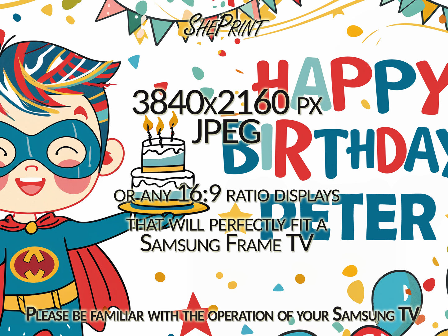 Personalized Birthday Frame TV Art For Boys | Happy Birthday Superhero Cake Balloons close up view