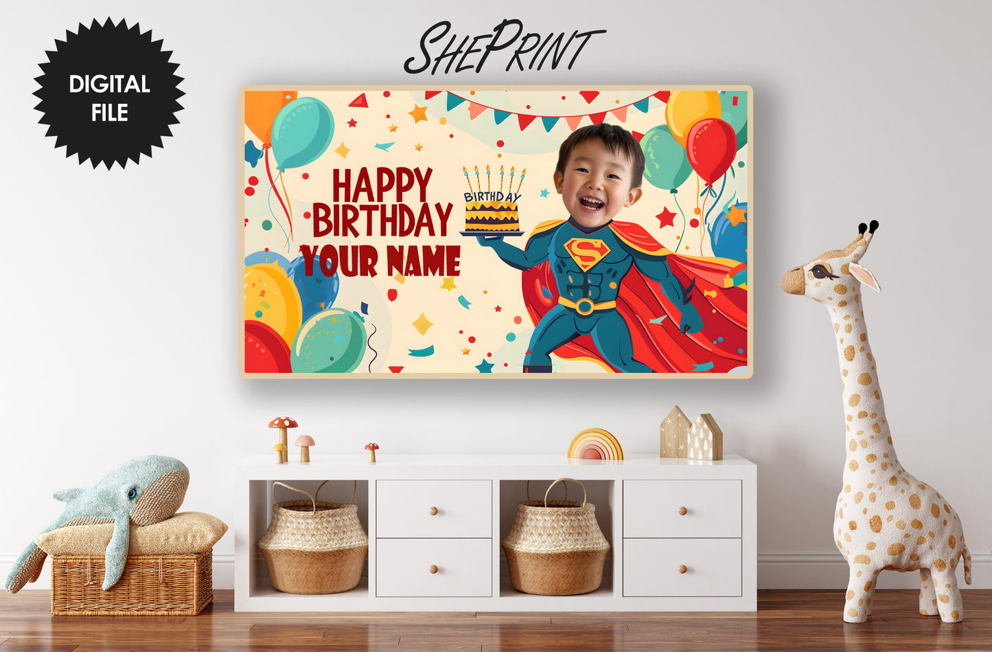 Personalized Birthday Frame TV Art For Boys | Custom Name and Photo, preview on wall tv