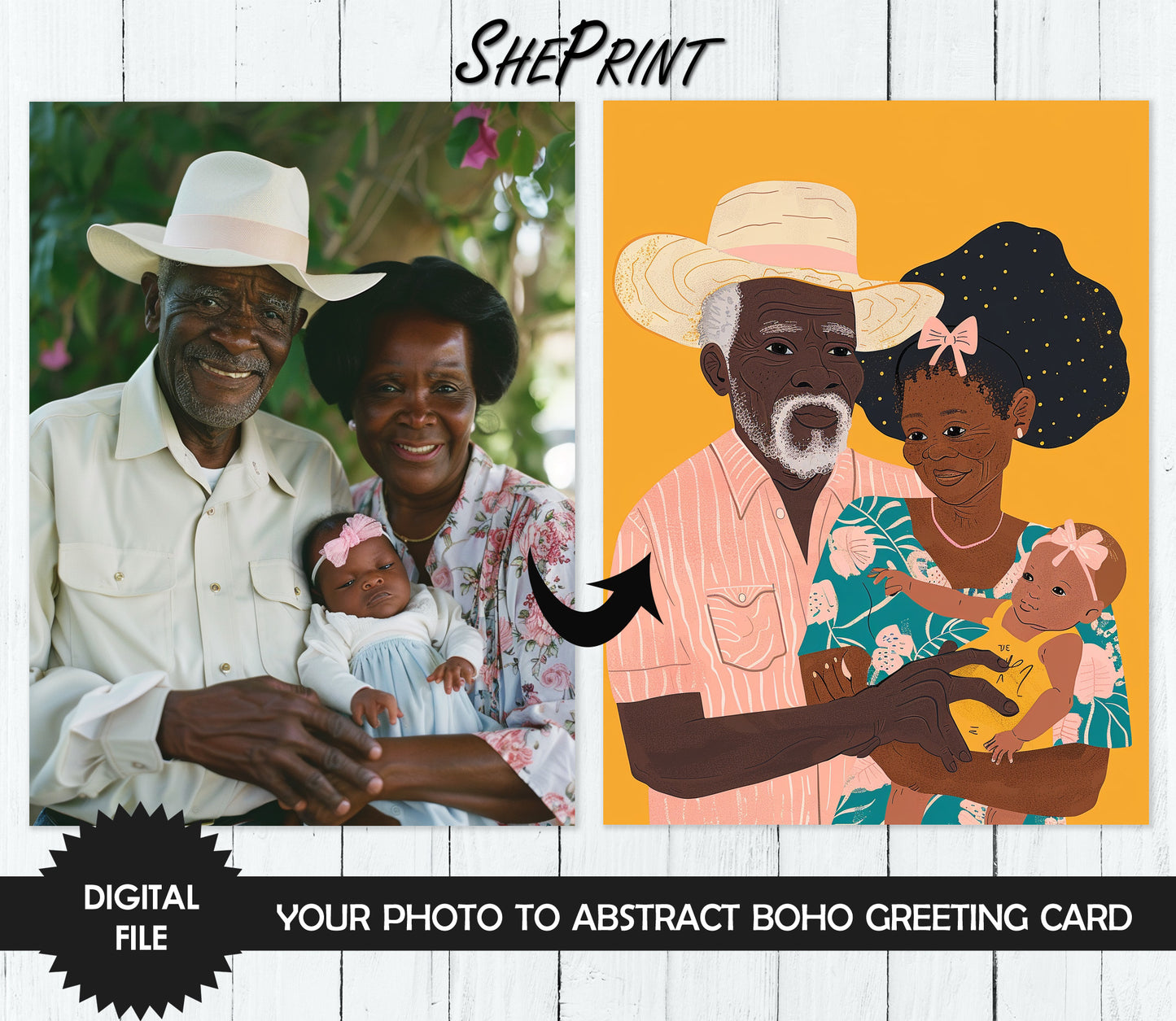Printable Personalized Greeting Card, Turn Your Family Photo to Abstract Boho Art, 5"x7" Print At Home On Letter Size Paper, Ready in 1-2 Days