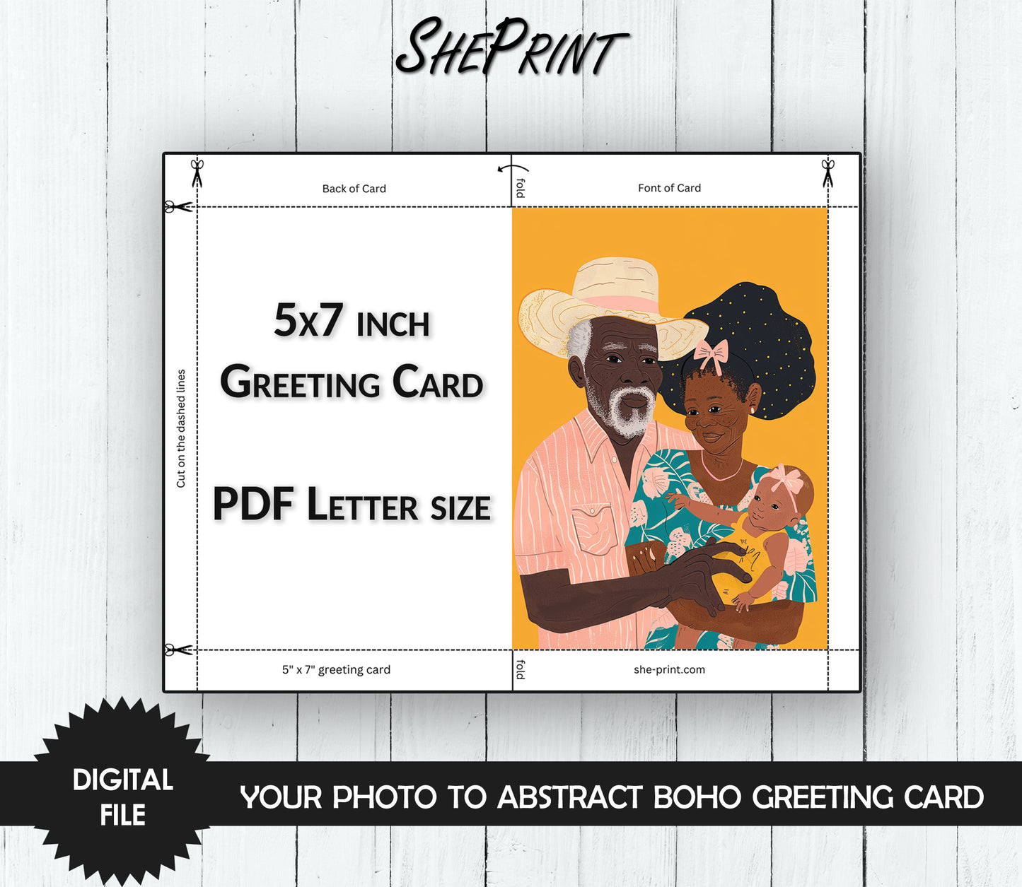 Printable Personalized Greeting Card, Turn Your Family Photo to Abstract Boho Art, 5"x7" Print At Home On Letter Size Paper, Ready in 1-2 Days