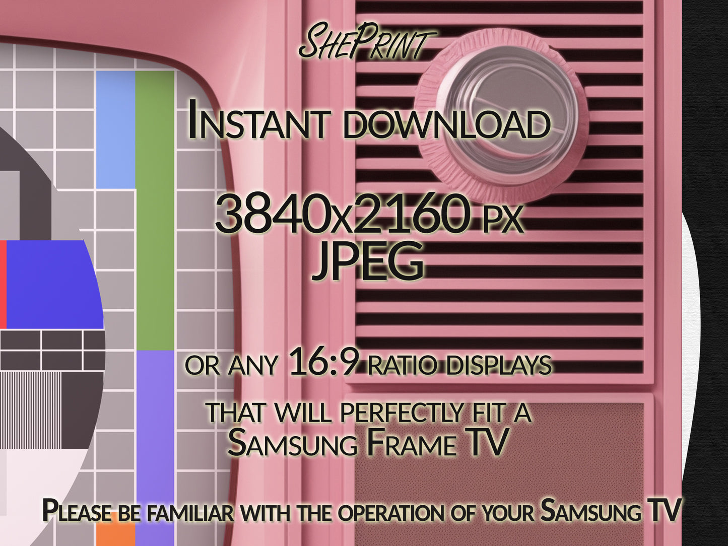 Frame TV Art Pink Retro TV With No Signal Screen | Set of 2 Images | Digital TV Art | Instant Download
