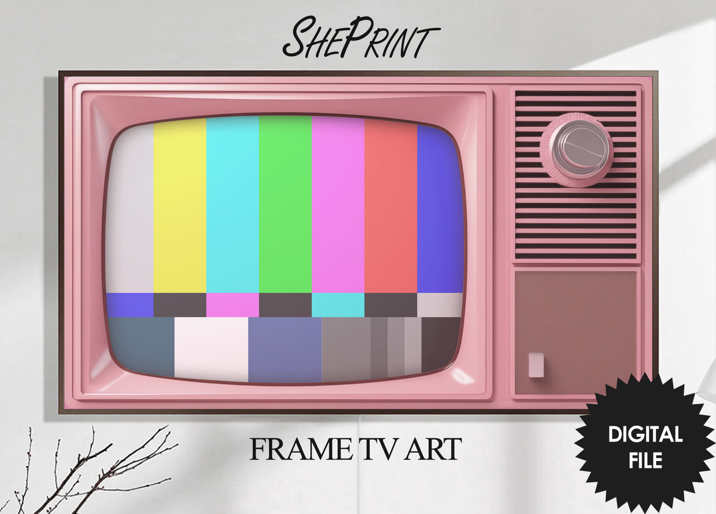 Frame TV Art Pink Retro TV With No Signal Screen | Set of 2 Images | Digital TV Art | Instant Download