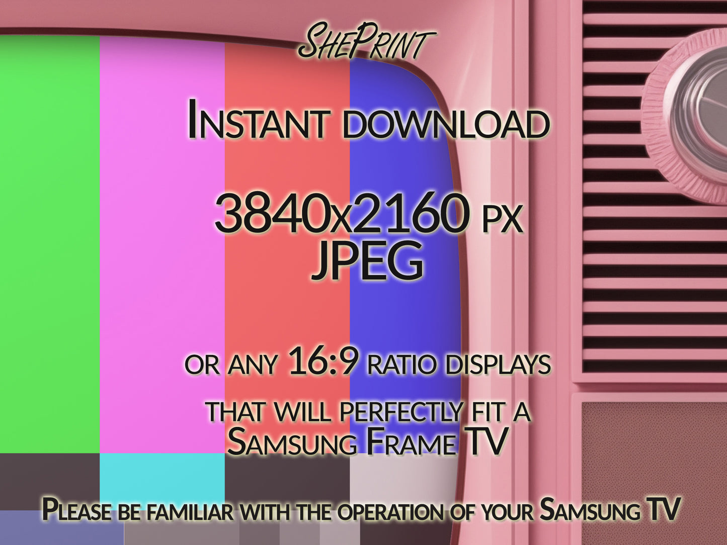 Frame TV Art Pink Retro TV With No Signal Screen | Set of 2 Images | Digital TV Art | Instant Download