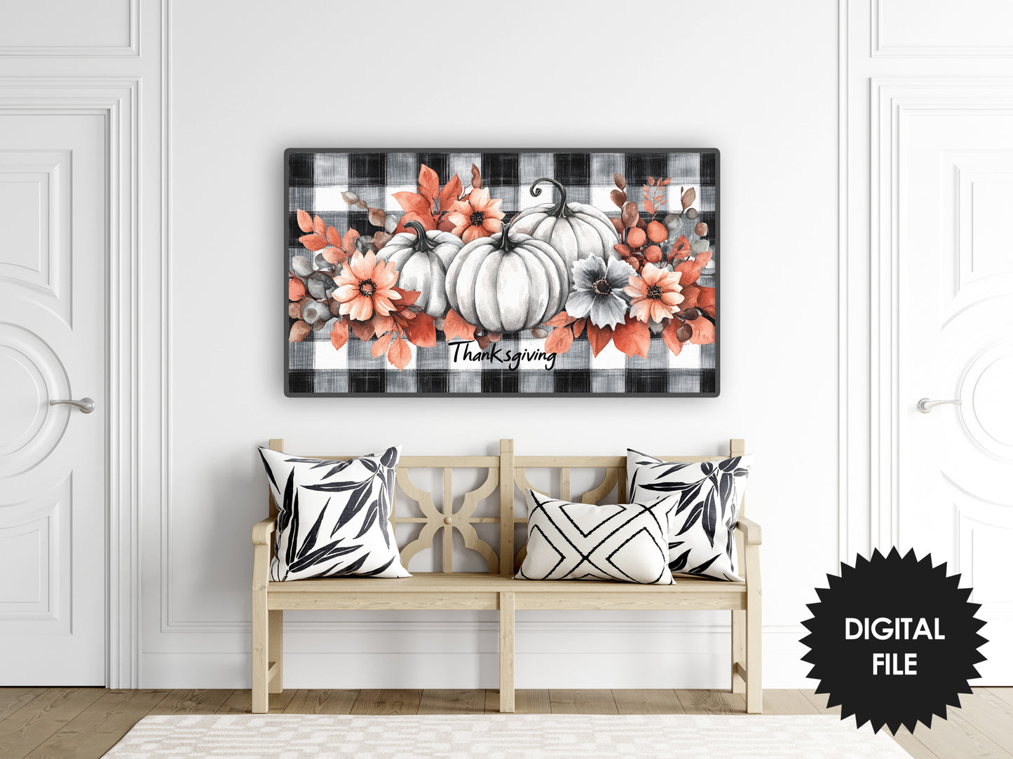 Frame TV Art White Pumpkins on Plaid Background preview in noedic ambience