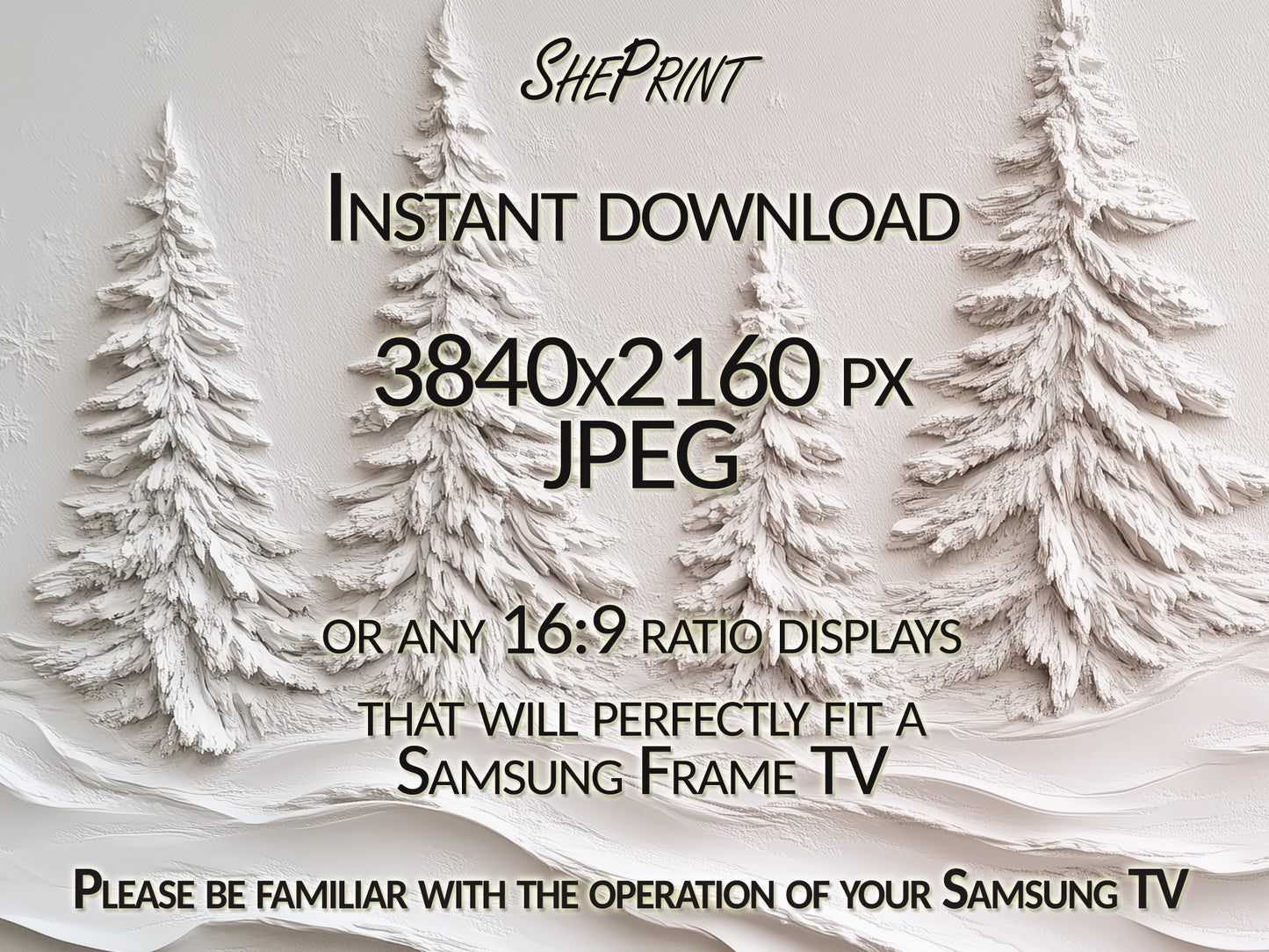 Plaster Snowy Pine Trees Monochrome Frame TV Art close up view