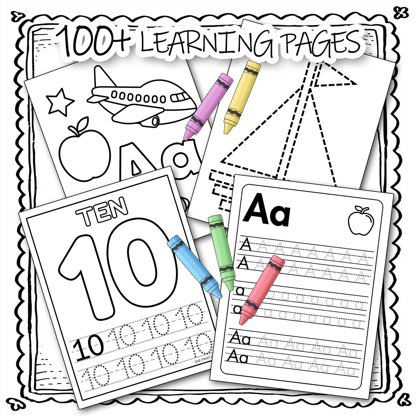 100+ Printable Kids Learning Pages, Shape Trace, Letter Trace, Number Trace, Coloring & Drawing Preschool Worksheets