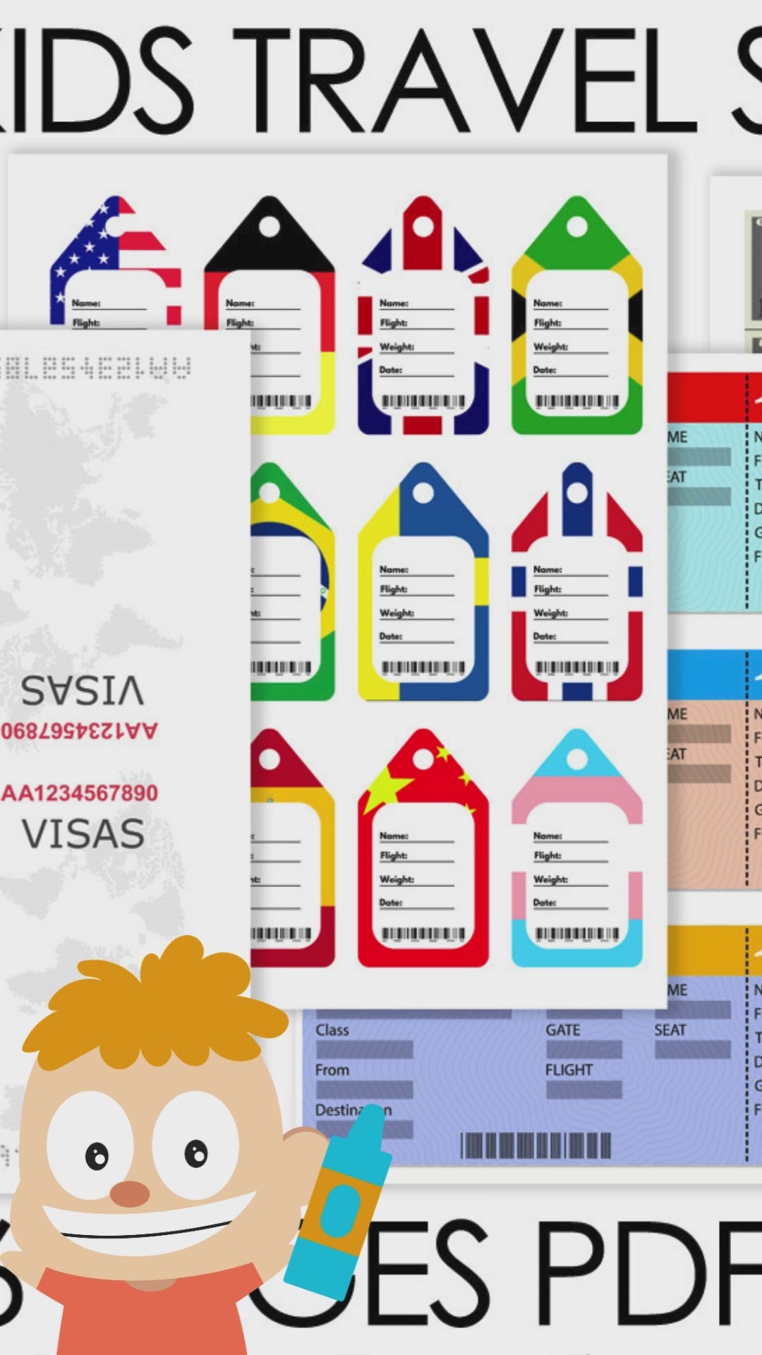 Kids Travel Set 6 Printable Pages, Kids Passport, Travel Tags, Stamps, Boarding Pass and Kids Money, Instant Download 1 PDF, Print At Home and Play Lets Pretend Travelling!