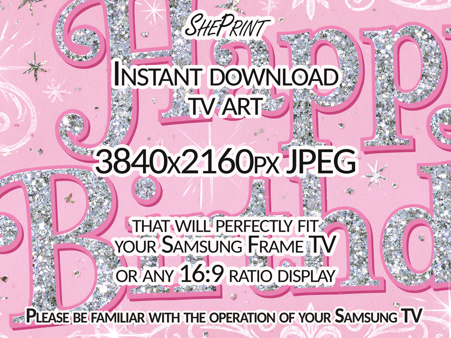 Pink Glitter Happy Birthday Frame TV Art for Girls | Sparkly Princess Party Decor | Digital Download close up look