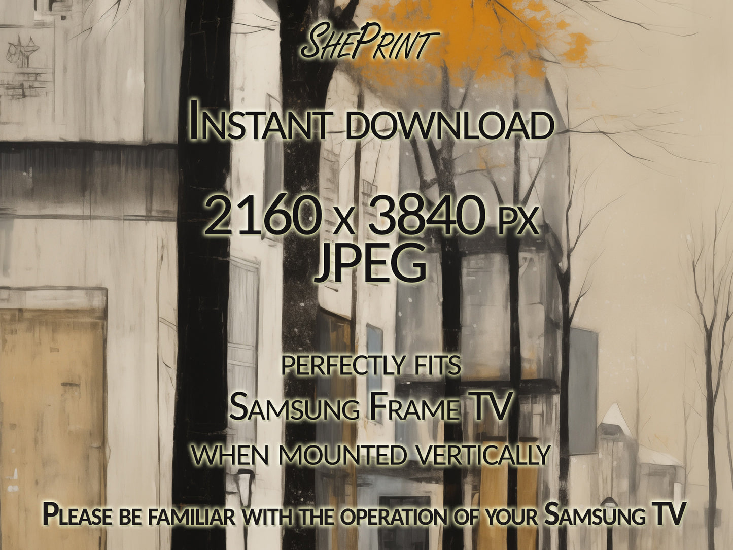 Quite Winter Street Vertical Samsung TV Art close up view