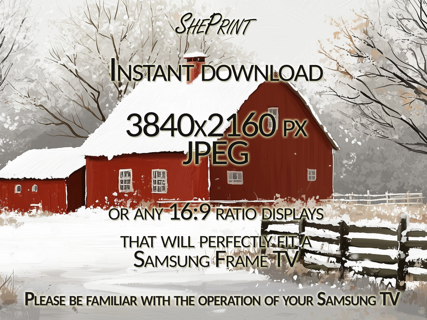 Red Farmhouse Winter Frame TV Art close up view