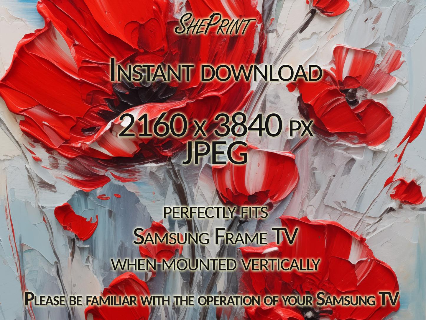 Vertical Frame TV Art, Red Poppies Pallete Knife Oil Painting close up view