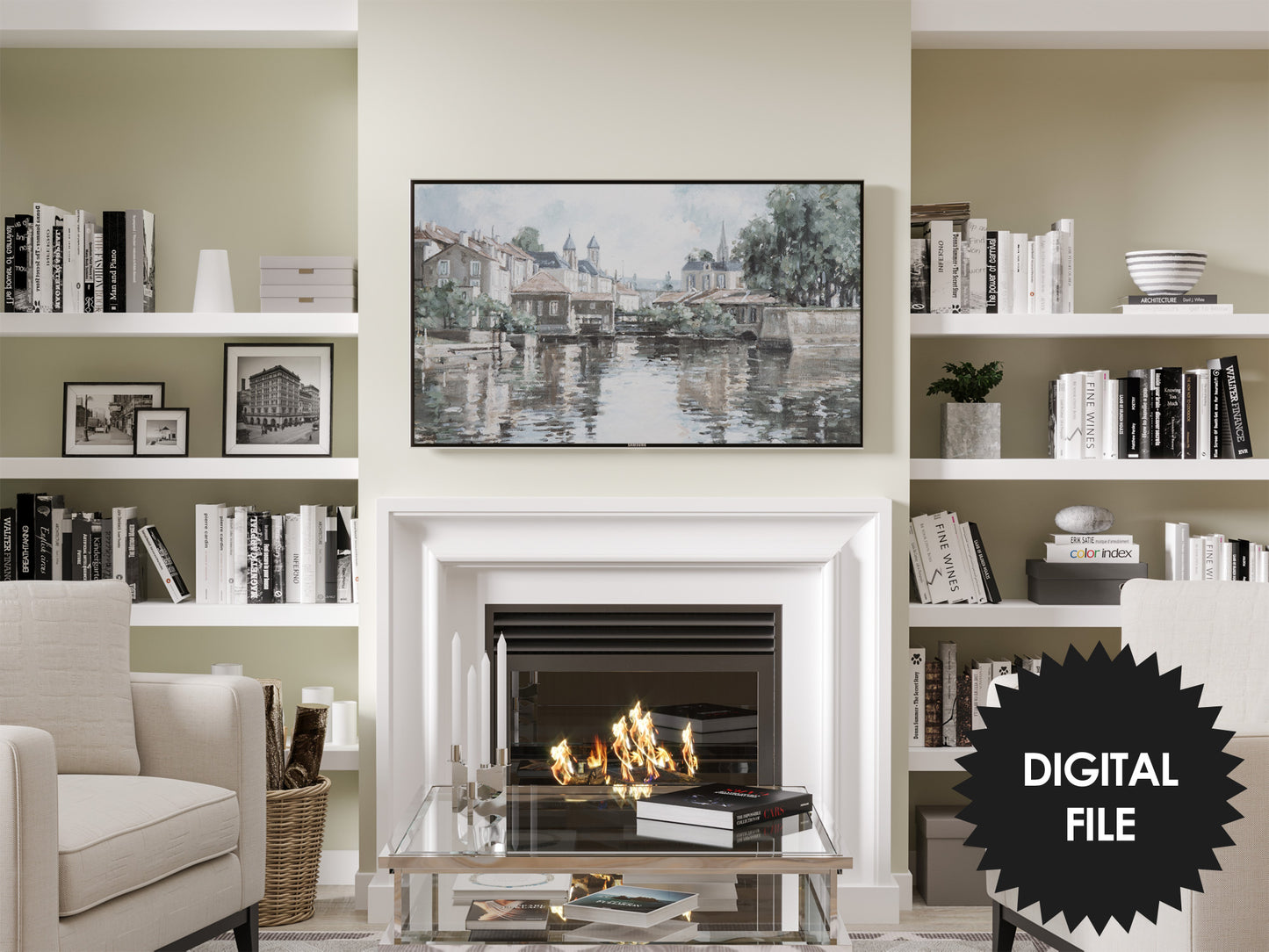 Frame TV Art | River Village Digital TV Art | Digital Painting | Neutral Colors Art | Instant Download