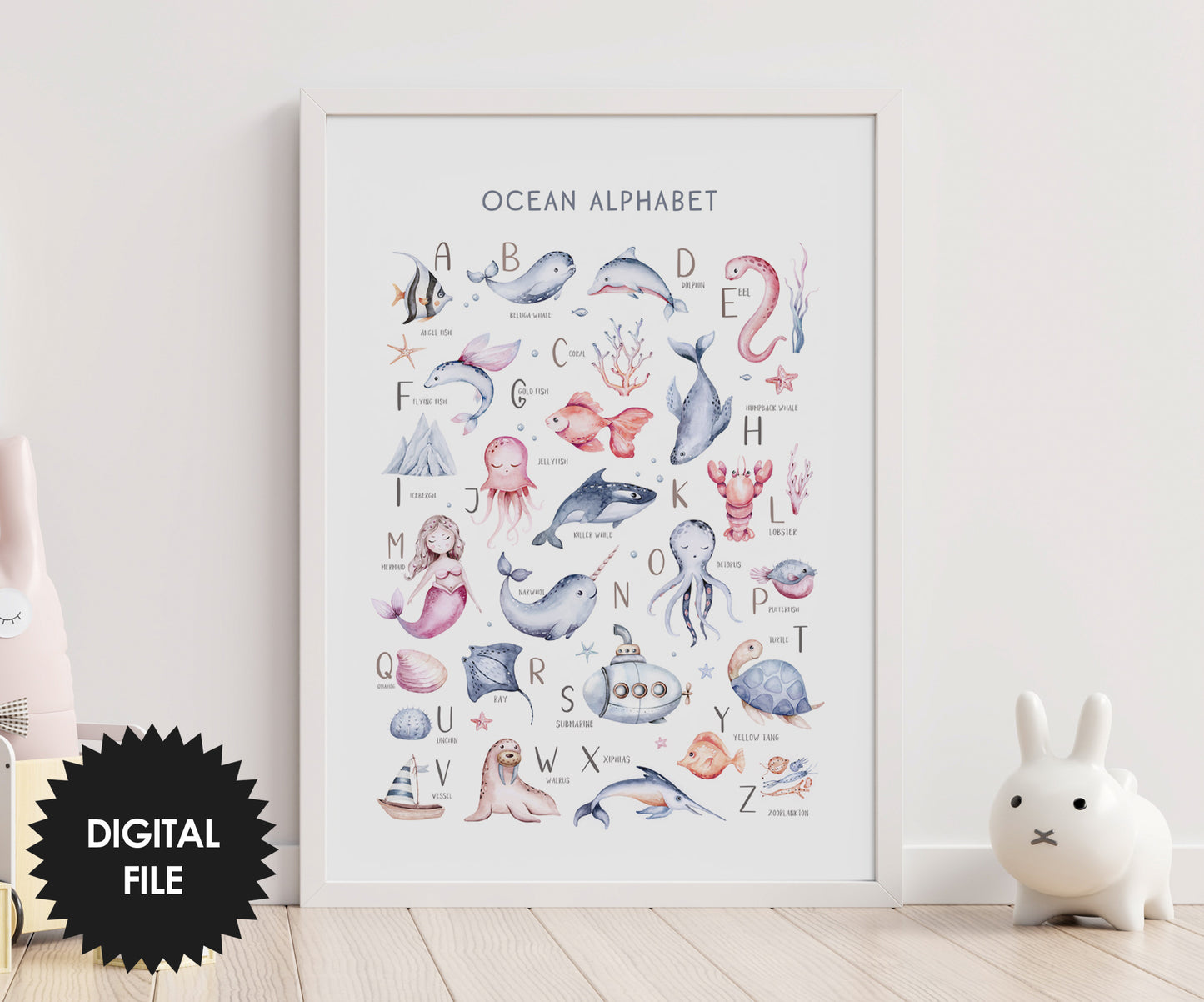 Ocean Alphabet Wall Print, Kids Room or Nursery Wall Art, Print Up To 13.4x19 in or 34cmx48cm, Instant Download JPG, Kids Educational Poster