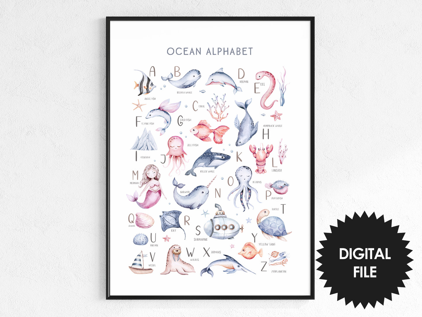 Ocean Alphabet Wall Print, Kids Room or Nursery Wall Art, Print Up To 13.4x19 in or 34cmx48cm, Instant Download JPG, Kids Educational Poster
