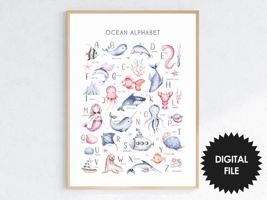 Ocean Alphabet Wall Print, Kids Room or Nursery Wall Art, Print Up To 13.4x19 in or 34cmx48cm, Instant Download JPG, Kids Educational Poster