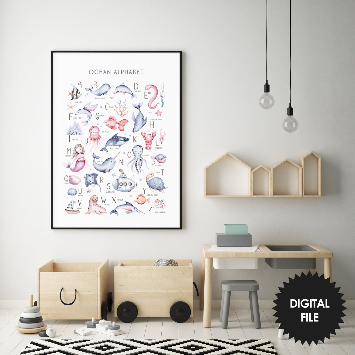 Ocean Alphabet Wall Print, Kids Room or Nursery Wall Art, Print Up To 13.4x19 in or 34cmx48cm, Instant Download JPG, Kids Educational Poster