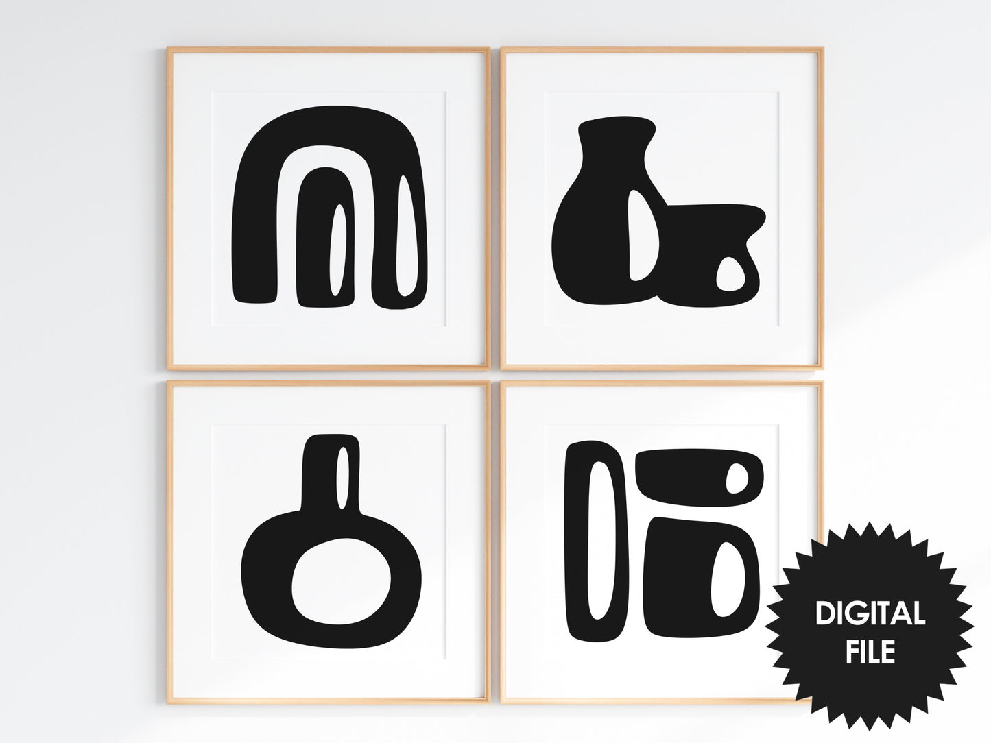 Boho Pottery Wall Art Print, Set of 4, minimalism, simple black & white wall art, digital art poster download, modern square art prints