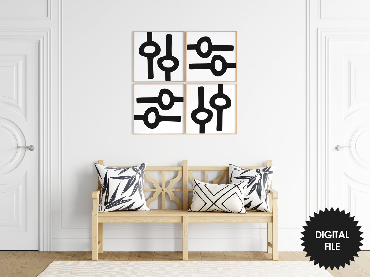 Abstract Rings Art Print, Set of 4, Black & White Wall Art, Digital Art Poster, Instant Download, Modern Square Art Print, Mid century Print