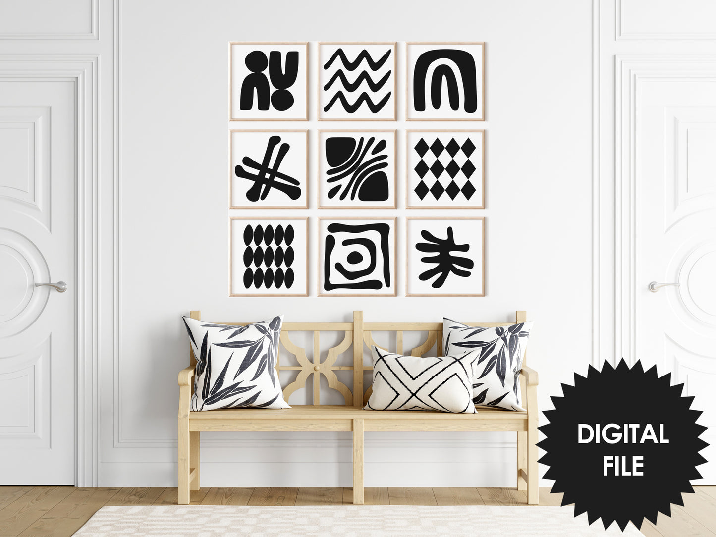 Printable Abstract Art #02, Monochrome Geometric Symphony, Set of 9 Prints