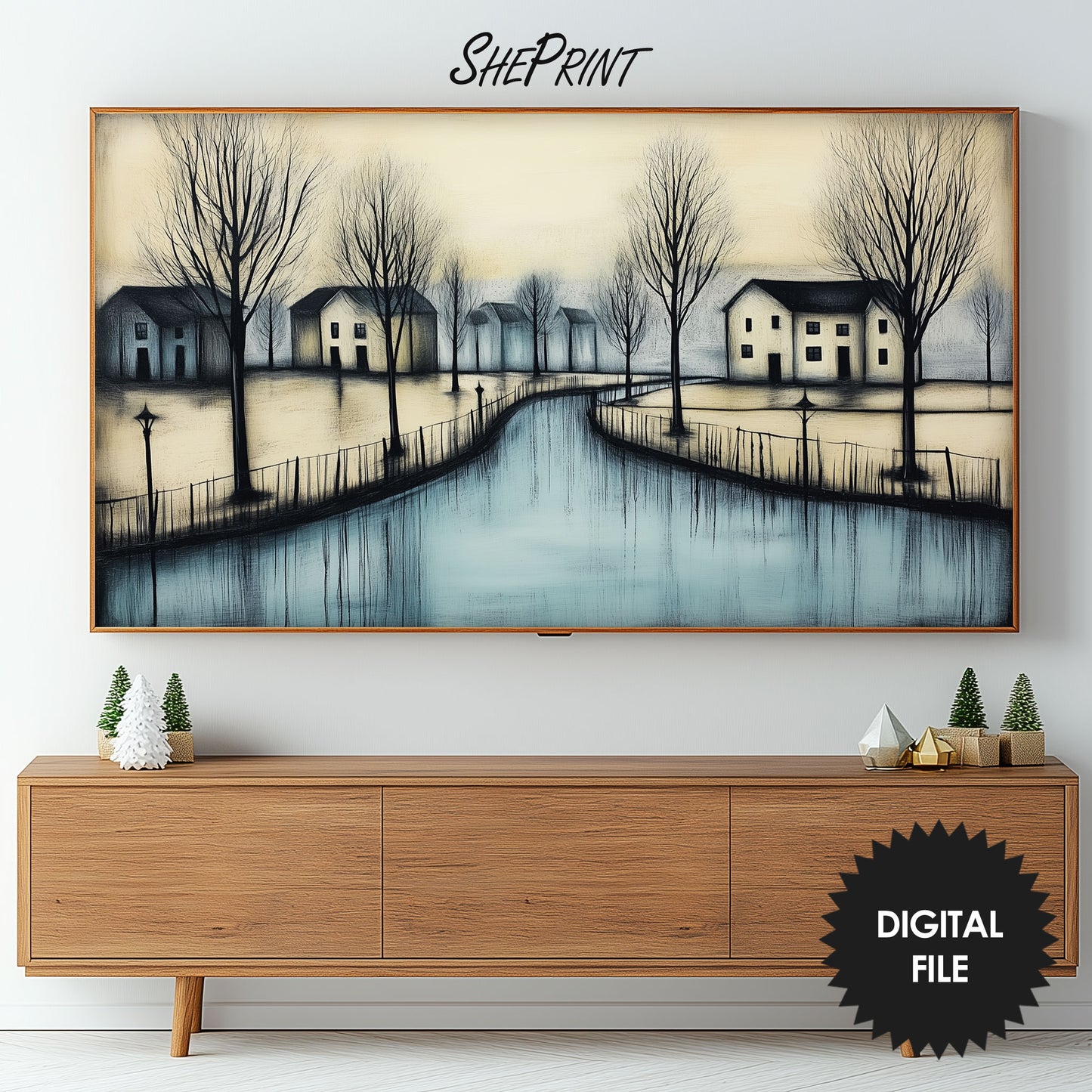 Silent Reflections Winter Scene Frame TV Art preview in living room