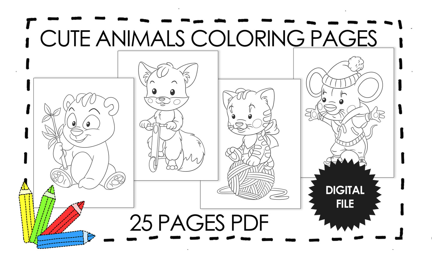25 Animal Coloring Pages for Kids. Fox, Tiger, mouse and Koala pages preview.