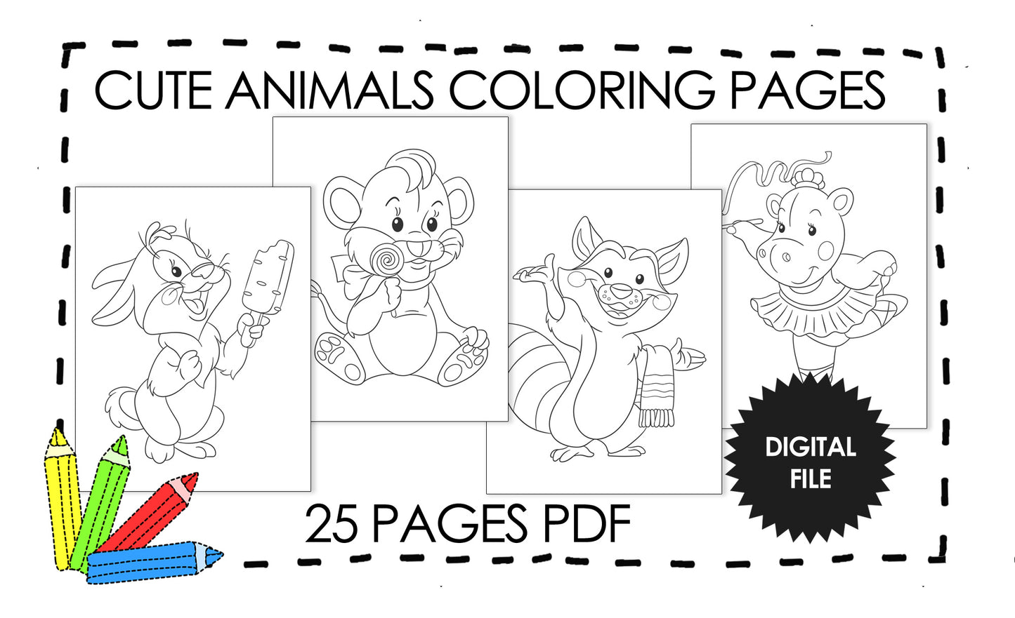 25 Animal Coloring Pages for Kids. Rabbir, Hippo, Racoon and hyena.