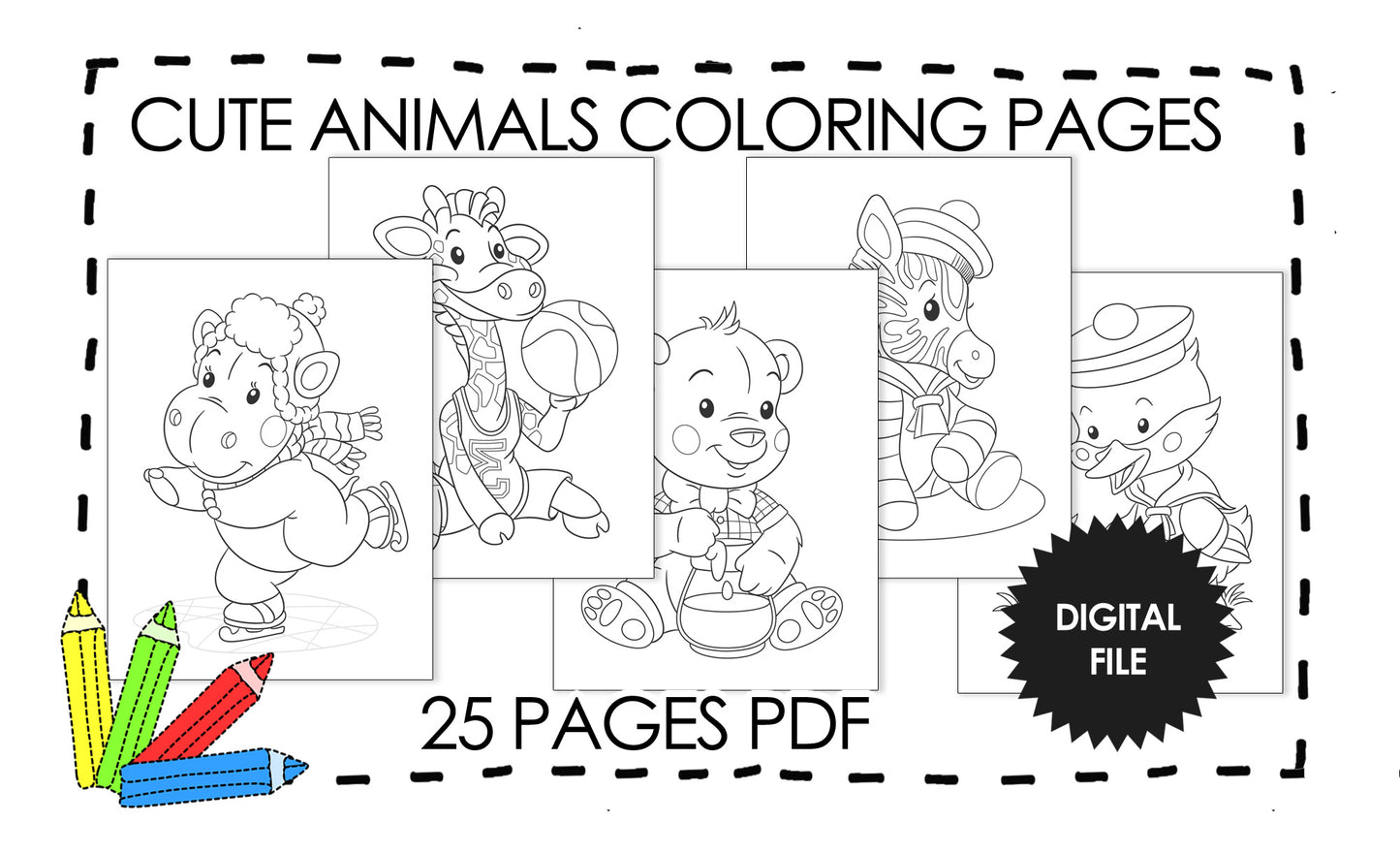 25 Printable Animal Coloring Pages for Kids. Sheep, Giraffe, Bear, Zebra and Duck pages preview.